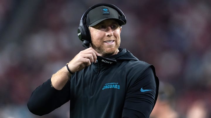 Nov 23, 2025; Glendale, Arizona, USA; Jacksonville Jaguars head coach Liam Coen against the Arizona Cardinals at State Farm Stadium. Mandatory Credit: Mark J. Rebilas-Imagn Images