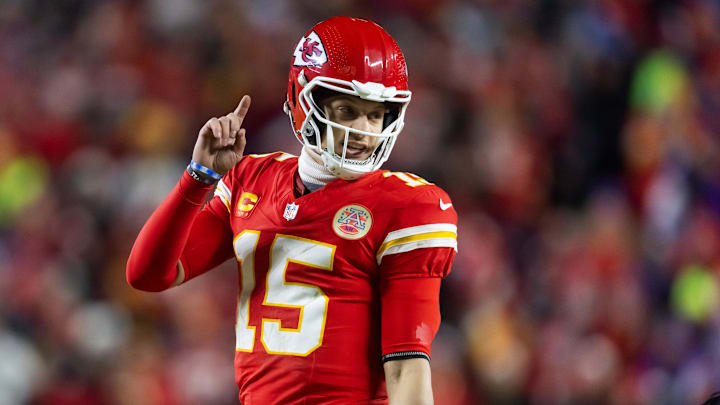 Jan 26, 2025; Kansas City, MO, USA; Kansas City Chiefs quarterback Patrick Mahomes (15) reacts against the Buffalo Bills during the AFC Championship game at GEHA Field at Arrowhead Stadium. Mandatory Credit: Mark J. Rebilas-Imagn Images