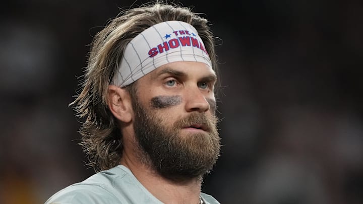 Aug 9, 2024; Phoenix, Arizona, USA; Philadelphia Phillies first base Bryce Harper (3) reacts after striking out against the Arizona Diamondbacks in the fourth inning at Chase Field.