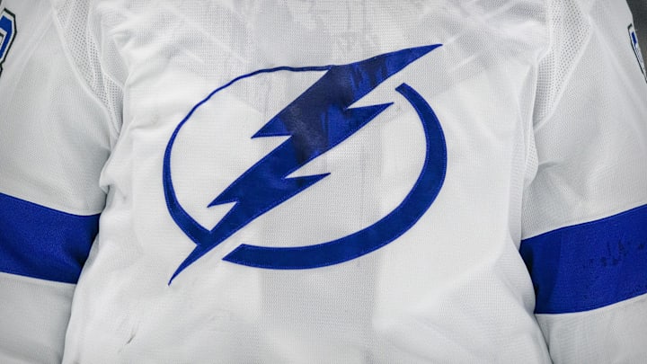 Mar 23, 2021; Dallas, Texas, USA; A view of the Lightning logo on the jersey of Tampa Bay Lightning goaltender Andrei Vasilevskiy (88) during the game between the Dallas Stars and the Tampa Bay Lightning at the American Airlines Center. Mandatory Credit: Jerome Miron-Imagn Images