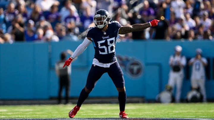  Tennessee Titans linebacker Harold Landry III celebrates the fumble recovery against the Minnesota Vikings during the first half at Nissan Stadium. 