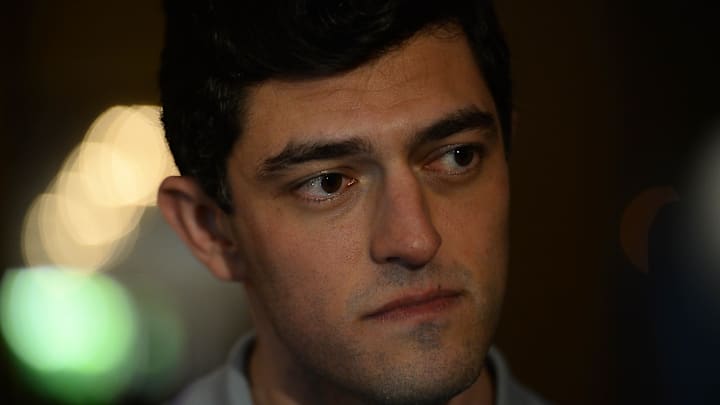 Nov 12, 2019; Scottsdale, AZ, USA; Boston Red Sox general manager Chaim Bloom speaks during media availability at the Omni Scottsdale Resort & Spa at Montelucia. Mandatory Credit: Joe Camporeale-Imagn Images