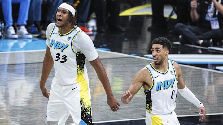 Apr 19, 2025; Indianapolis, Indiana, USA; Indiana Pacers center Myles Turner (33) celebrates a made basket  in the second half against the Milwaukee Bucks at Gainbridge Fieldhouse. Mandatory Credit: Trevor Ruszkowski-Imagn Images