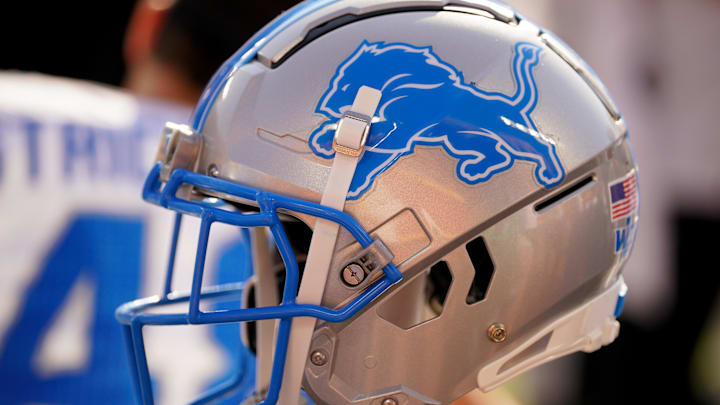 Aug 17, 2024; Kansas City, Missouri, USA; A general view of a Detroit Lions helmet during the second half of the game against the Kansas City Chiefs at GEHA Field at Arrowhead Stadium. Mandatory Credit: Denny Medley-Imagn Images