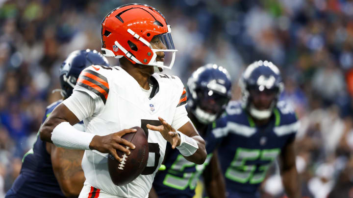 Aug 24, 2024; Seattle, Washington, USA; Cleveland Browns quarterback Jameis Winston (5) looks to pass against the Seattle Seahawks during the first quarter at Lumen Field. Aug 24, 2024; Seattle, Washington, USA; Cleveland Browns quarterback Jameis Winston (5) looks to pass against the Seattle Seahawks during the first quarter at Lumen Field.