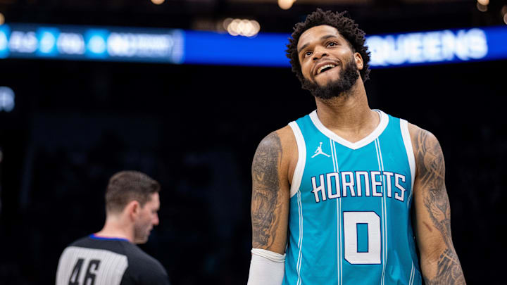 Mar 8, 2025; Charlotte, North Carolina, USA; Charlotte Hornets forward Miles Bridges (0) reacts during the fourth quarter against the Brooklyn Nets at Spectrum Center. Mandatory Credit: Scott Kinser-Imagn Images Mar 8, 2025; Charlotte, North Carolina, USA; Charlotte Hornets forward Miles Bridges (0) reacts during the fourth quarter against the Brooklyn Nets at Spectrum Center. Mandatory Credit: Scott Kinser-Imagn Images