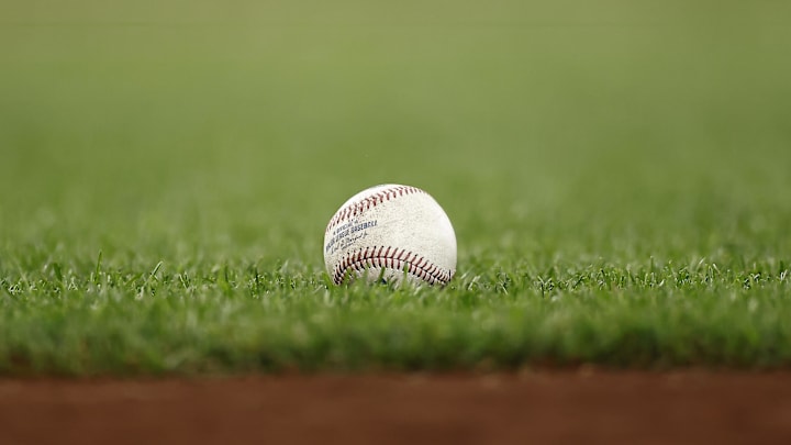 May 4, 2026; San Francisco, California, USA; View of a Major League Baseball on the grass during the eighth inning between the San Francisco Giants and San Diego Padres at Oracle Park. Mandatory Credit: Kelley L Cox-Imagn Images
