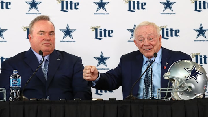 Dallas Cowboys owner Jerry Jones answers questions with new head coach Mike McCarthy during a press conference at Ford Center at The Star. 