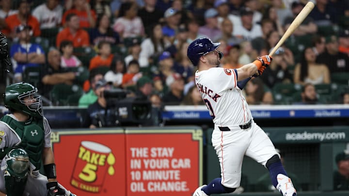 May 27, 2025; Houston, Texas, USA; Houston Astros left fielder Chas McCormick (20) hits a RBI double against the Athletics in the second inning at Daikin Park. May 27, 2025; Houston, Texas, USA; Houston Astros left fielder Chas McCormick (20) hits a RBI double against the Athletics in the second inning at Daikin Park.