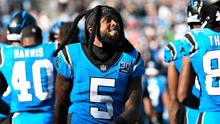 Oct 13, 2024; Charlotte, North Carolina, USA;  Carolina Panthers wide receiver Diontae Johnson (5) before the game at Bank of America Stadium. Mandatory Credit: Bob Donnan-Imagn Images