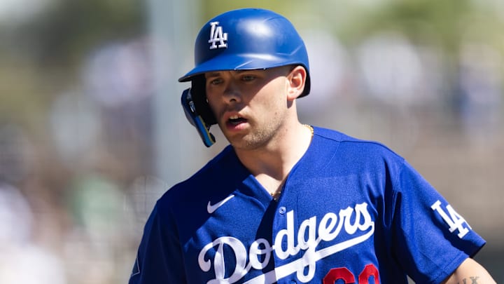 Mar 4, 2026; Glendale, AZ, USA; Los Angeles Dodgers catcher Dalton Rushing against Team Mexico during a spring training game at Camelback Ranch. Mandatory Credit: Mark J. Rebilas-Imagn Images