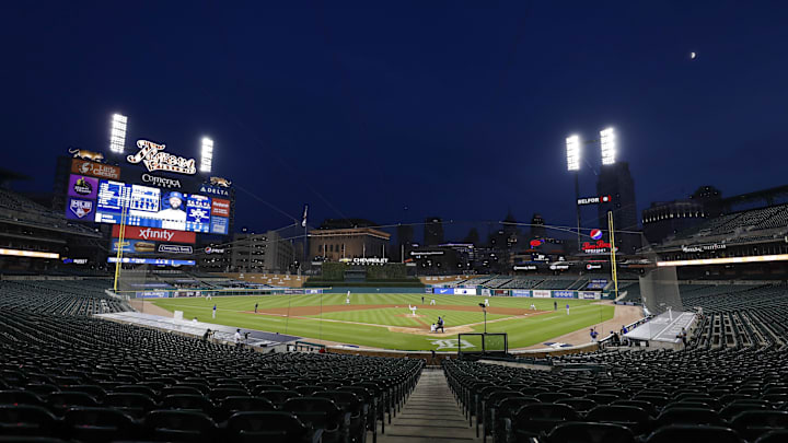 Aug 25, 2020; Detroit, Michigan, USA; A wide view from behind home plate as Detroit Tigers starting pitcher Spencer Turnbull (56) pitches to Chicago Cubs right fielder Jason Heyward (22) during the fourth inning at Comerica Park. Aug 25, 2020; Detroit, Michigan, USA; A wide view from behind home plate as Detroit Tigers starting pitcher Spencer Turnbull (56) pitches to Chicago Cubs right fielder Jason Heyward (22) during the fourth inning at Comerica Park.