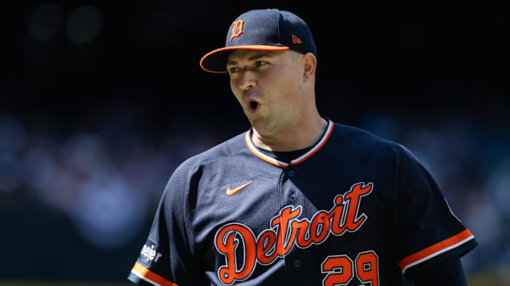 Apr 1, 2026; Phoenix, Arizona, USA; Detroit Tigers pitcher Tarik Skubal reacts against the Arizona Diamondbacks at Chase Field. Mandatory Credit: Mark J. Rebilas-Imagn Images Apr 1, 2026; Phoenix, Arizona, USA; Detroit Tigers pitcher Tarik Skubal reacts against the Arizona Diamondbacks at Chase Field. Mandatory Credit: Mark J. Rebilas-Imagn Images