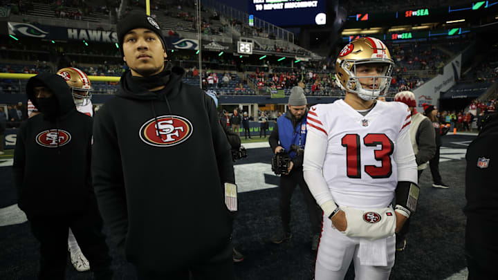 San Francisco 49ers quarterbacks Trey Lance (L) and Brock Purdy (R)