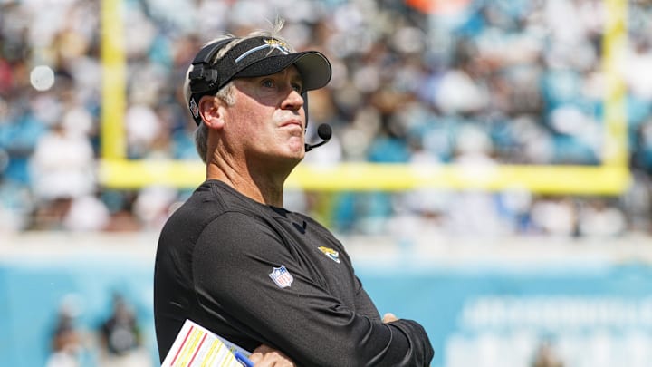 Sep 24, 2023; Jacksonville, Florida, USA; Jacksonville Jaguars head coach Doug Pederson against the