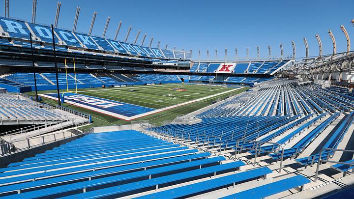A view of the east seats at David Booth Kansas Memorial Stadium features sections with seat backs in the middle surrounded by sides without seat backs on Sept. 3, 2026.
