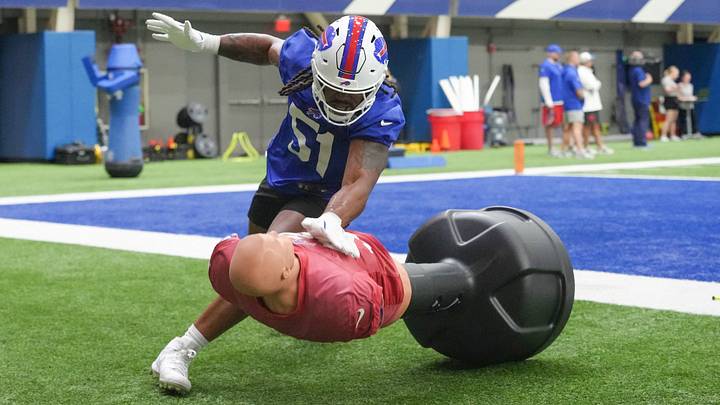 Jun 9, 2026; Orchard Park, NY, USA; Buffalo Bills defensive end Mike Danna (51) trains during Buffalo Bills Minicamp. Jun 9, 2026; Orchard Park, NY, USA; Buffalo Bills defensive end Mike Danna (51) trains during Buffalo Bills Minicamp.