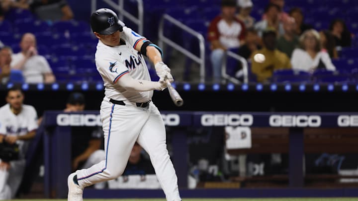 South Carolina baseball alum Jonah Bride, now with the Miami Marlins, lacing a line drive for a hit against the Cincinnati Reds
