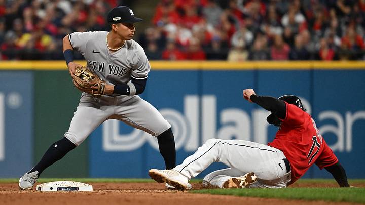 Oct 16, 2022: New York Yankees shortstop Oswaldo Cabrera (95) gets the tag out on Cleveland Guardians catcher Austin Hedges (17) in the third inning during game four of the ALDS for the 2022 MLB Playoffs at Progressive Field. Credit: Ken Blaze-USA TODAY Sports