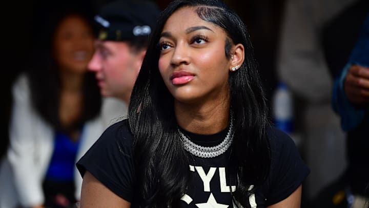 WNBA basketball player Angel Reese attends the game between the Los Angeles Rams and San Francisco 49ers at SoFi Stadium. WNBA basketball player Angel Reese attends the game between the Los Angeles Rams and San Francisco 49ers at SoFi Stadium.