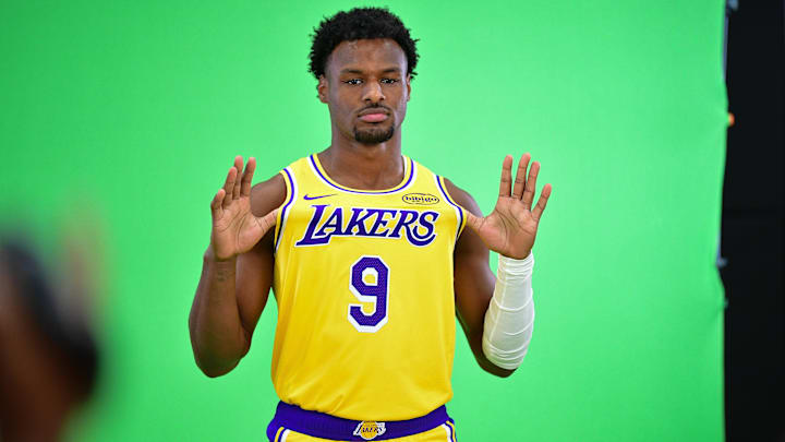 Los Angeles Lakers guard Bronny James (9) poses for photos during media day at UCLA Health Training Center.
