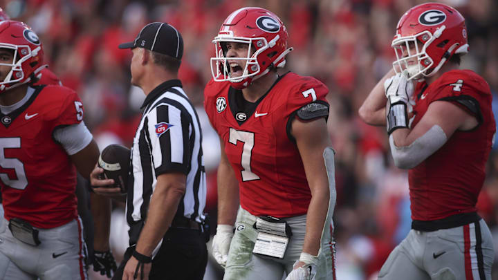 Oct 18, 2025; Athens, Georgia, USA;  Georgia Bulldogs tight end Lawson Luckie (7) reacts against the Mississippi Rebels during the second half of the game at Sanford Stadium. Mandatory Credit: Brett Davis-Imagn Images