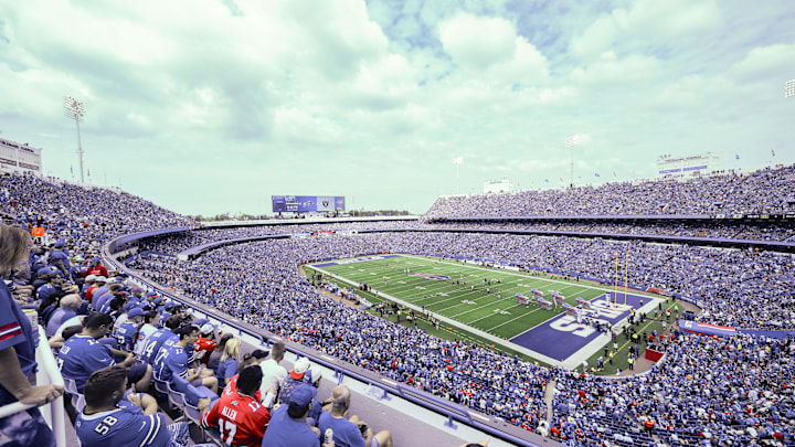 Sep 17, 2023; Orchard Park, New York, USA; A general view of the crowd at Highmark Stadium prior to the start of the game between the Las Vegas Raiders and Buffalo Bills at Highmark Stadium. Sep 17, 2023; Orchard Park, New York, USA; A general view of the crowd at Highmark Stadium prior to the start of the game between the Las Vegas Raiders and Buffalo Bills at Highmark Stadium.