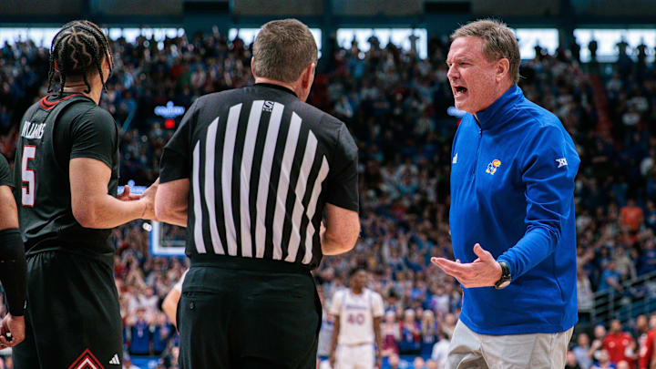 Mar 1, 2025; Lawrence, Kansas, USA; Kansas Jayhawks coach Bill Self reacts after a call during the second half against the Texas Tech Red Raiders at Allen Fieldhouse. 