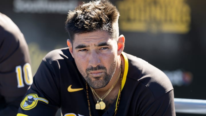 Feb 22, 2026; Peoria, Arizona, USA; San Diego Padres outfielder Nick Castellanos against the Los Angeles Dodgers during a spring training game at Peoria Sports Complex. Mandatory Credit: Mark J. Rebilas-Imagn Images