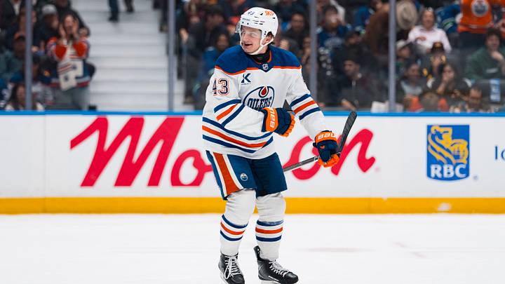 Oct 1, 2026; Vancouver, British Columbia, CAN; Edmonton Oilers forward Owen Michaels (43) celebrates his goal against the Vancouver Canucks in the first period at Rogers Arena. Mandatory Credit: Bob Frid-Imagn Images Oct 1, 2026; Vancouver, British Columbia, CAN; Edmonton Oilers forward Owen Michaels (43) celebrates his goal against the Vancouver Canucks in the first period at Rogers Arena. Mandatory Credit: Bob Frid-Imagn Images