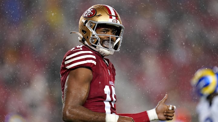 San Francisco 49ers wide receiver Jauan Jennings (15) looks towards the sideline before a play against the Los Angeles Rams in the second quarter at Levi's Stadium. 