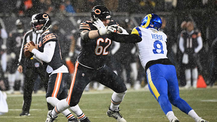 Jan 18, 2026; Chicago, IL, USA; Chicago Bears guard Joe Thuney (62) blocks for quarterback Caleb Williams (18) against Los Angeles Rams linebacker Jared Verse (8) during the first quarter of an NFC Divisional Round game at Soldier Field. Mandatory Credit: Matt Marton-Imagn Images Jan 18, 2026; Chicago, IL, USA; Chicago Bears guard Joe Thuney (62) blocks for quarterback Caleb Williams (18) against Los Angeles Rams linebacker Jared Verse (8) during the first quarter of an NFC Divisional Round game at Soldier Field. Mandatory Credit: Matt Marton-Imagn Images