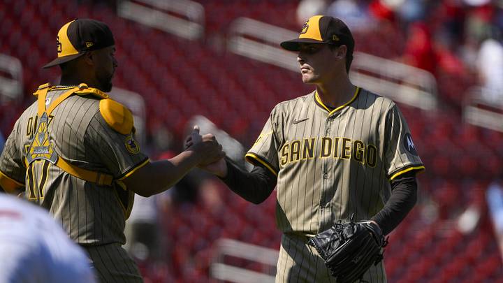 San Diego Padres relief pitcher Ron Marinaccio (97) celebrates with catcher Elias Diaz (17) after the Padres defeated the St. Louis Cardinals at Busch Stadium on July 27, 2025. San Diego Padres relief pitcher Ron Marinaccio (97) celebrates with catcher Elias Diaz (17) after the Padres defeated the St. Louis Cardinals at Busch Stadium on July 27, 2025.