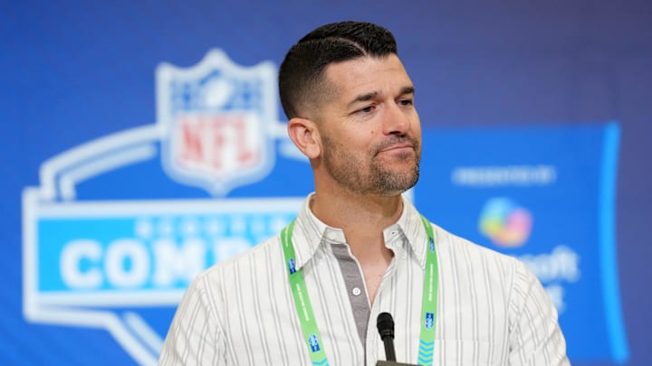Carolina Panthers coach Dave Canales speaks at the NFL Scouting Combine 