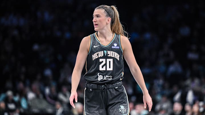 May 29, 2025; Brooklyn, New York, USA; New York Liberty guard Sabrina Ionescu (20) during the first half against the Golden State Valkyries at Barclays Center. Mandatory Credit: John Jones-Imagn Images