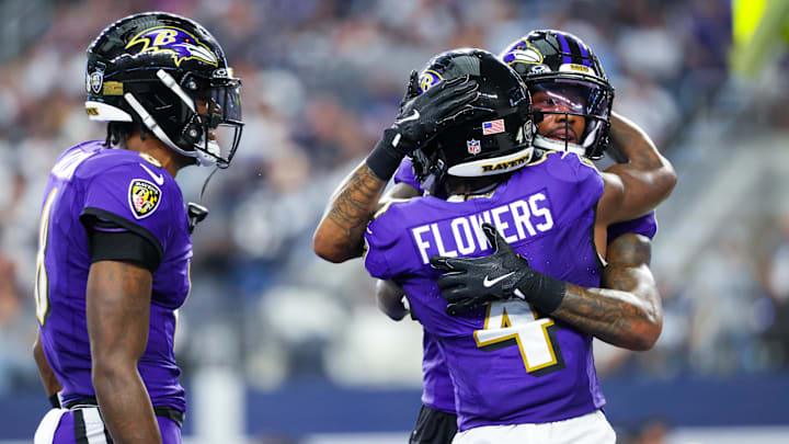 Sep 22, 2024; Arlington, Texas, USA; Baltimore Ravens wide receiver Rashod Bateman (7) celebrates with Baltimore Ravens wide receiver Zay Flowers (4) and Baltimore Ravens quarterback Lamar Jackson. Sep 22, 2024; Arlington, Texas, USA; Baltimore Ravens wide receiver Rashod Bateman (7) celebrates with Baltimore Ravens wide receiver Zay Flowers (4) and Baltimore Ravens quarterback Lamar Jackson.
