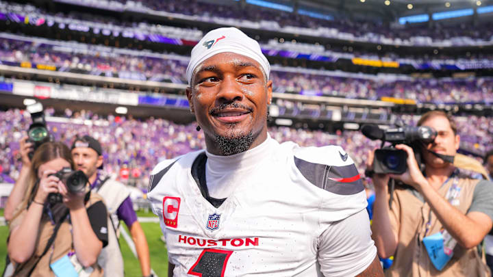 Sep 22, 2024; Minneapolis, Minnesota, USA; Houston Texans wide receiver Stefon Diggs (1) after the game against the Minnesota Vikings at U.S. Bank Stadium. Mandatory Credit: Brad Rempel-Imagn Images
