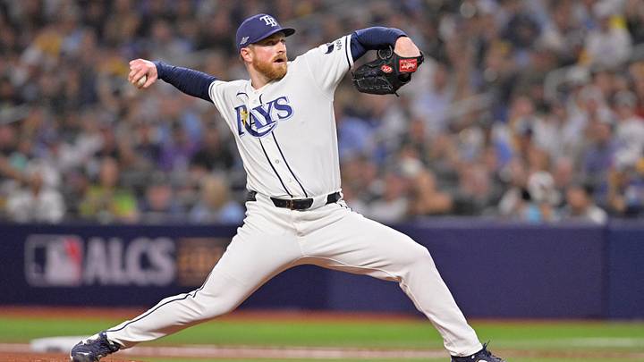 Oct 12, 2026; St. Petersburg, Florida, USA; Tampa Bay Rays pitcher Drew Rasmussen (57) throws a pitch against the Cleveland Guardians during the first inning in game one of the ALCS for the 2026 MLB Playoffs at Tropicana Field. Mandatory Credit: Pablo Robles-Imagn Images Oct 12, 2026; St. Petersburg, Florida, USA; Tampa Bay Rays pitcher Drew Rasmussen (57) throws a pitch against the Cleveland Guardians during the first inning in game one of the ALCS for the 2026 MLB Playoffs at Tropicana Field. Mandatory Credit: Pablo Robles-Imagn Images