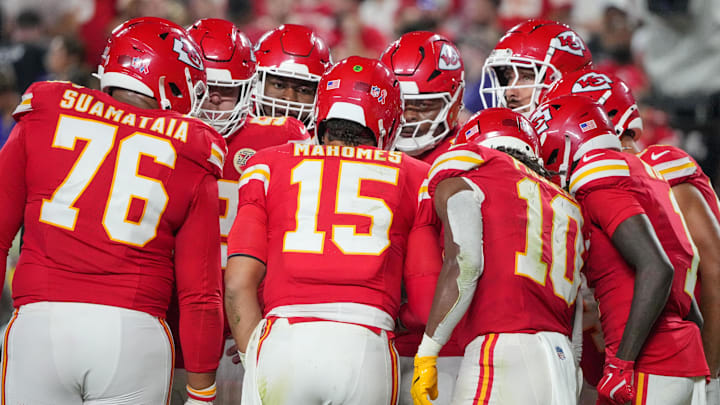 Sep 5, 2024; Kansas City, Missouri, USA; Kansas City Chiefs quarterback Patrick Mahomes (15) and offensive players huddle against the Baltimore Ravens during the game at GEHA Field at Arrowhead Stadium. Mandatory Credit: Denny Medley-Imagn Images
