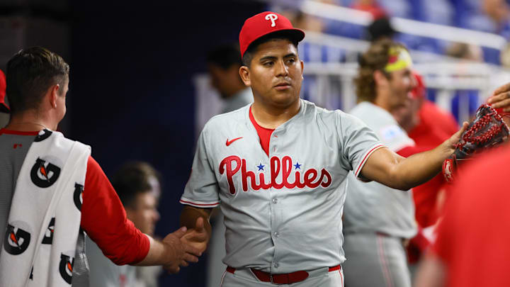 Sep 5, 2024; Miami, Florida, USA; Philadelphia Phillies starting pitcher Ranger Suarez (55) celebrates with teammates against the Miami Marlins after the second inning at loanDepot Park. Mandatory Credit: Sam Navarro-Imagn Images