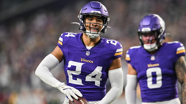 Dec 29, 2024; Minneapolis, Minnesota, USA; Minnesota Vikings safety Camryn Bynum (24) reacts after a fumble recovery against the Green Bay Packers during the first quarter at U.S. Bank Stadium. Mandatory Credit: Jeffrey Becker-Imagn Images Dec 29, 2024; Minneapolis, Minnesota, USA; Minnesota Vikings safety Camryn Bynum (24) reacts after a fumble recovery against the Green Bay Packers during the first quarter at U.S. Bank Stadium. Mandatory Credit: Jeffrey Becker-Imagn Images