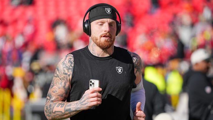 Nov 29, 2024; Kansas City, Missouri, USA; Las Vegas Raiders defensive end Maxx Crosby (98) warms up against the Kansas City Chiefs prior go a game at GEHA Field at Arrowhead Stadium. Mandatory Credit: Denny Medley-Imagn Images