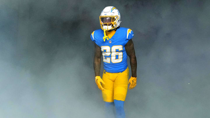 Dec 23, 2023; Inglewood, California, USA; Los Angeles Chargers cornerback Asante Samuel Jr. (26)  enters the field before the game against the Buffalo Bills at SoFi Stadium.