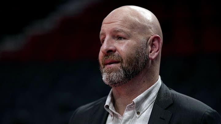 Nov 3, 2023; Portland, Oregon, USA; Portland Trail Blazers general manager Joe Cronin looks on before the game against the Memphis Grizzlies at Moda Center. Mandatory Credit: Soobum Im-Imagn Images