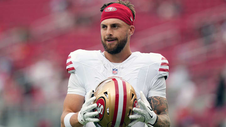 Sep 28, 2025; Santa Clara, California, USA; San Francisco 49ers wide receiver Ricky Pearsall (1) before the game against the Jacksonville Jaguars at Levi's Stadium. 