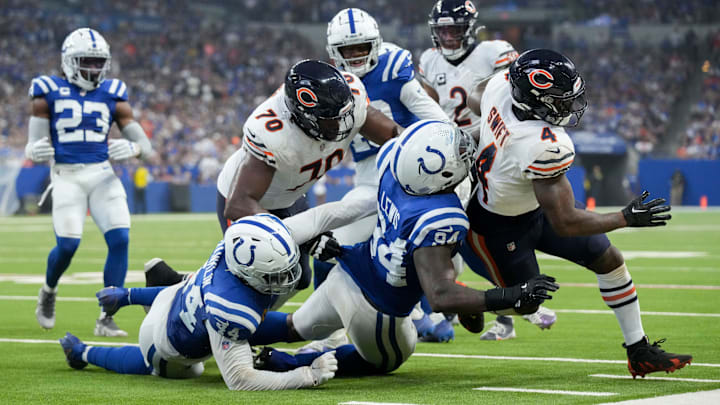 D'Andre Swift is dragged down for a loss in Sundays Bears loss to Indianapolis. D'Andre Swift is dragged down for a loss in Sundays Bears loss to Indianapolis.