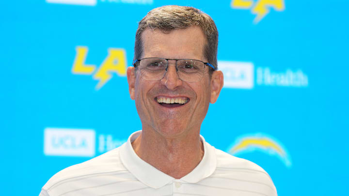 Los Angeles Chargers coach Jim Harbaugh during press conference at The Bolt. 