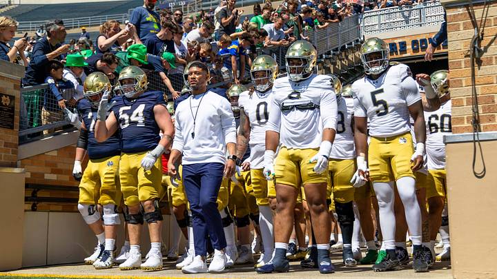Apr 25, 2026; Notre Dame, IN, USA; Notre Dame Fighting Irish head coach Marcus Freeman waits in the tunnel before the Blue-Gold game at Notre Dame Stadium. Mandatory Credit: Michael Caterina-Imagn Images