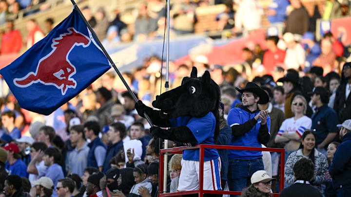 Nov 30, 2024; Dallas, Texas, USA; A view of the SMU mascot during the game between the Southern Methodist Mustangs and the California Golden Bears at Gerald J. Ford Stadium. Mandatory Credit: Jerome Miron-Imagn Images