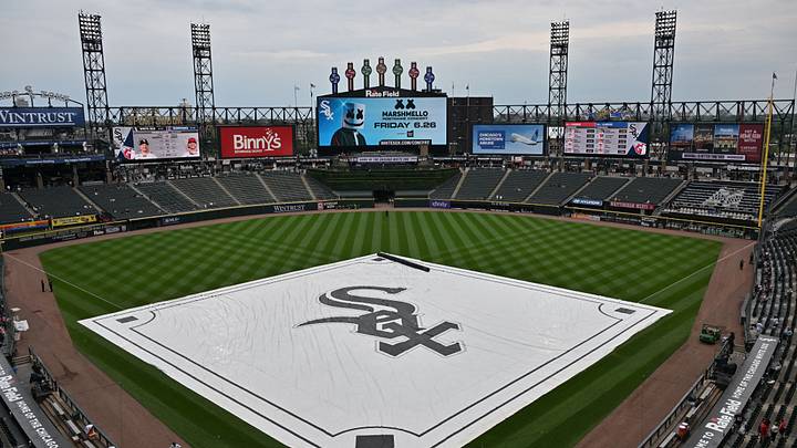 Jun 24, 2026; Chicago, Illinois, USA; A genera view of the rain tarp is seen prior to a rain delay before a game between the Chicago White Sox and the Cleveland Guardians at Rate Field. Mandatory Credit: Patrick Gorski-Imagn Images Jun 24, 2026; Chicago, Illinois, USA; A genera view of the rain tarp is seen prior to a rain delay before a game between the Chicago White Sox and the Cleveland Guardians at Rate Field. Mandatory Credit: Patrick Gorski-Imagn Images